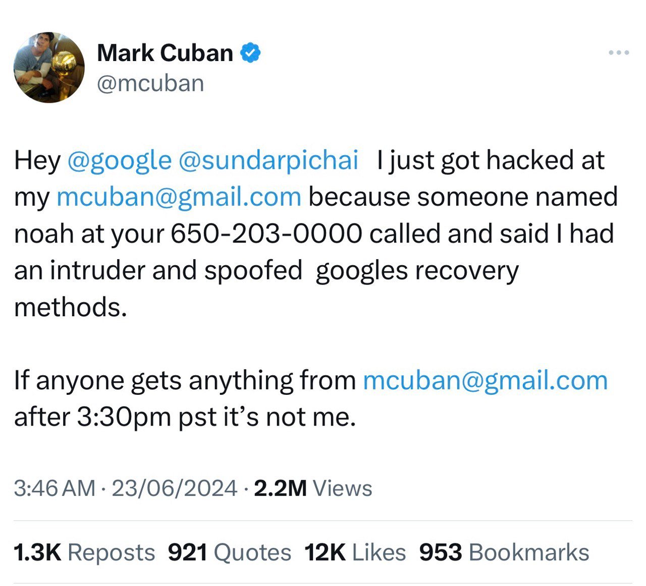 Mark Cuban’s Gmail Account Hacked in Spoofed Google Recovery Scheme