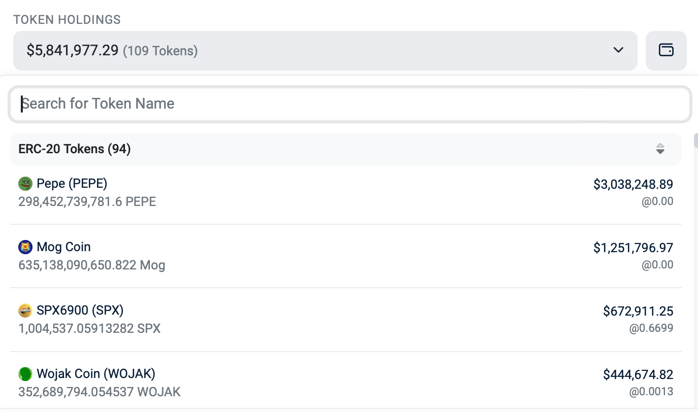 Crypto whale's holdings (WOJAK, SPX, PEPE, MOG)