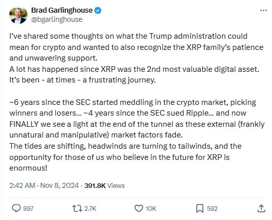 Ripple CEO Sees a Bullish Future for XRP Under Trump Governance 