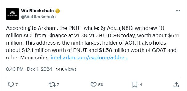 PNUT Whale Withdraws  Million in ACT Tokens From Binance: Bullish or Just Moving Funds?